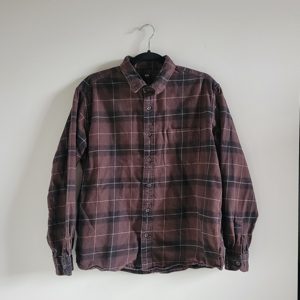 Uniqlo Mens Medium Brown Black Plaid Flannel Shirt 100% Cotton Button Down